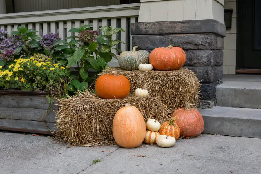Styled fall porch display in a Boulder County neighborhood with hay bales and pumpkins