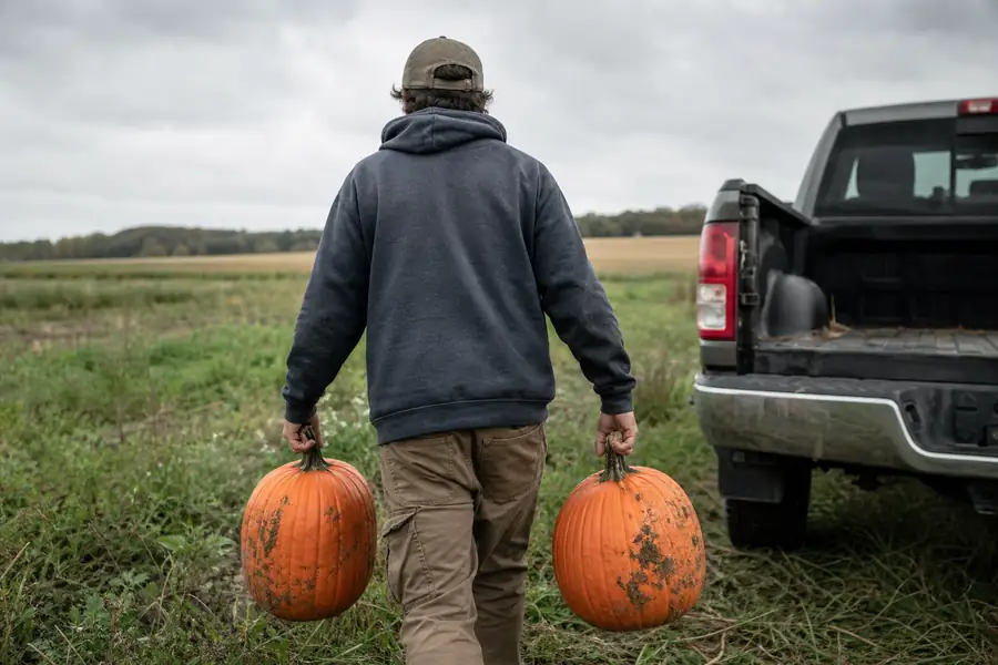 Person seen from behind carrying two large field pumpkins from a pickup bed