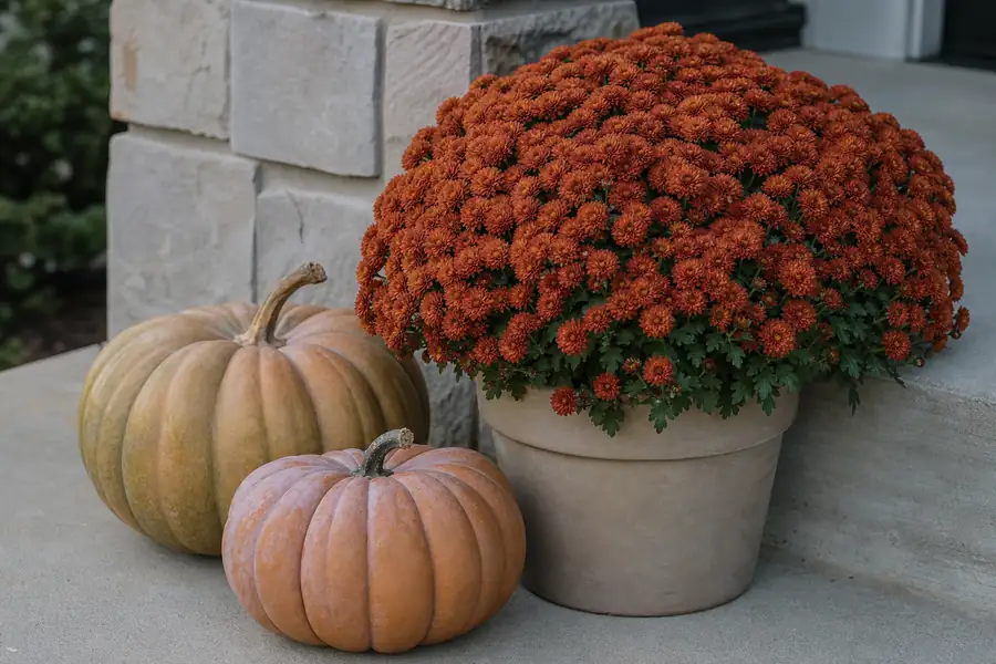 Rust colored mum in a twelve inch pot beside two ribbed heirloom pumpkins