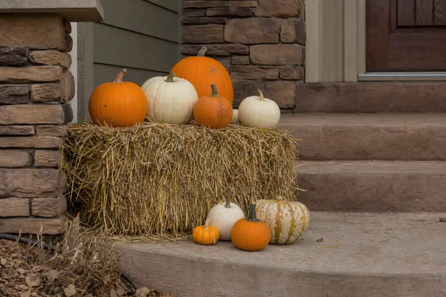A hay bale topped with orange and white pumpkins arranged on a Colorado home's front steps