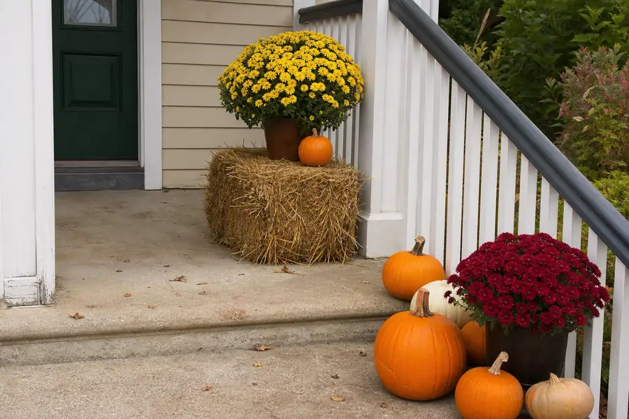 A small front porch with a hay bale, potted mums and clustered pumpkins along the railing