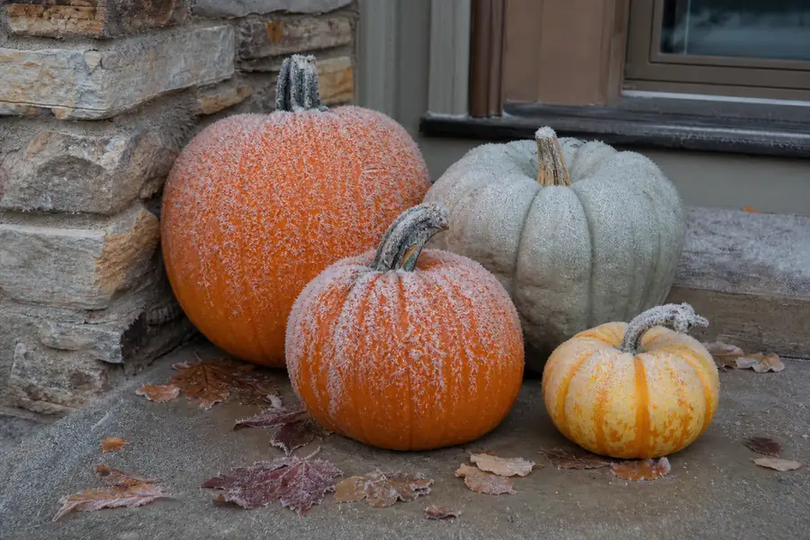 Frost coating a cluster of porch pumpkins on a cold Front Range October morning