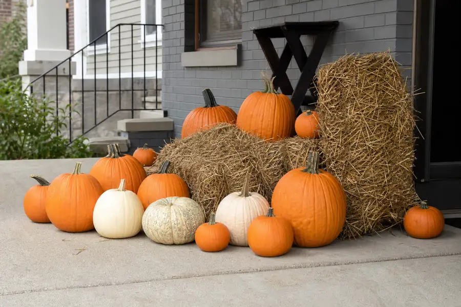 Assorted small and large pumpkins with hay bales staged on a porch before styling