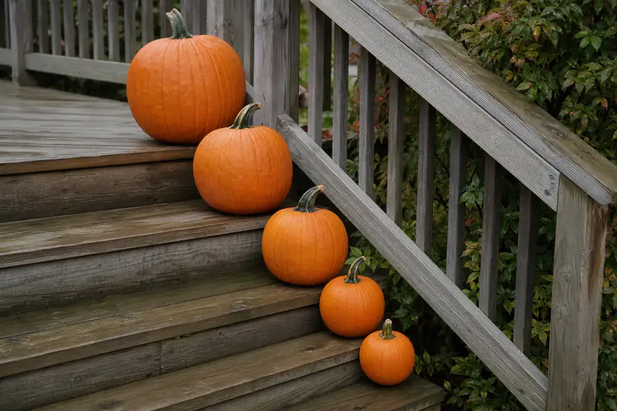 Pumpkins arranged in graduated sizes down porch steps beside a wooden railing