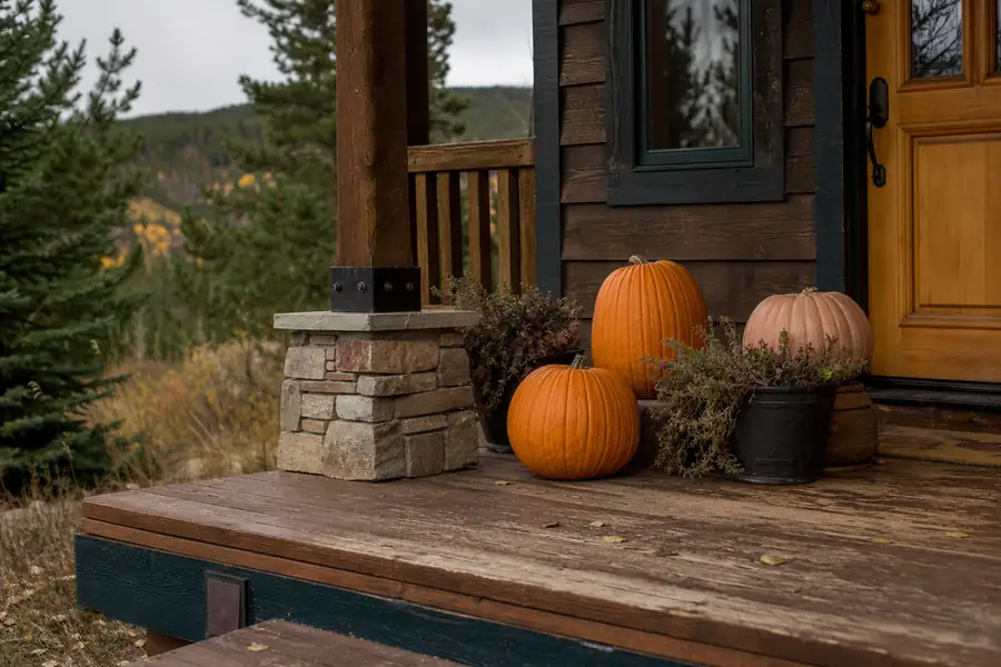 Foothills porch with staged pumpkins near evergreen trees close to Nederland, Colorado