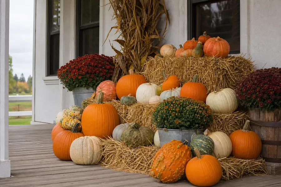 Full package pumpkin display with hay bales arranged on a Colorado farmhouse porch