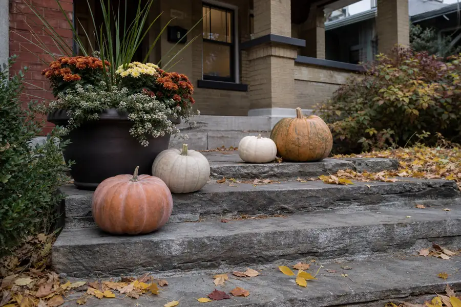Styled porch pumpkins on a stone step with fall leaves and a Denver bungalow facade