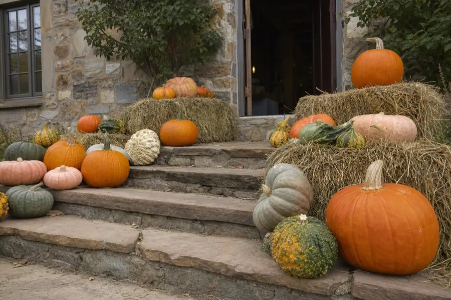 Pumpkin Fairy crew arranging assorted pumpkins and hay bales on Colorado farmhouse steps