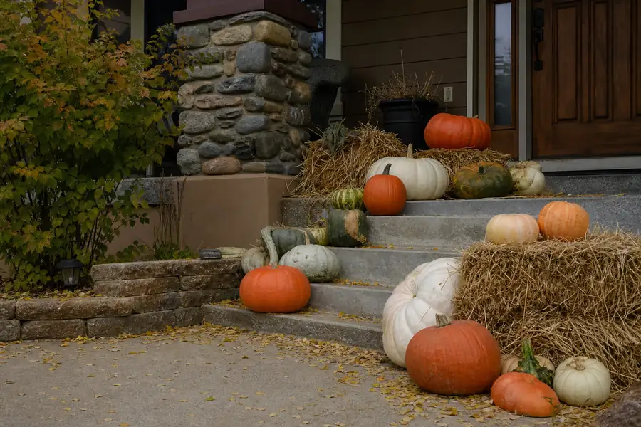Mixed pumpkins and hay bales styled across the steps of a Boulder County porch in October