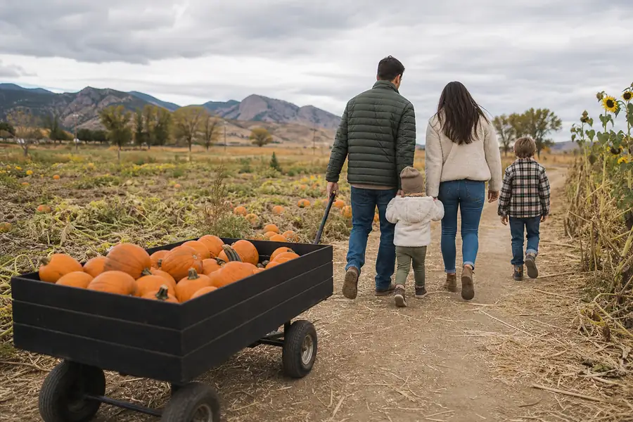 Family pulling a wagon of pumpkins along a dirt path at a Colorado farm