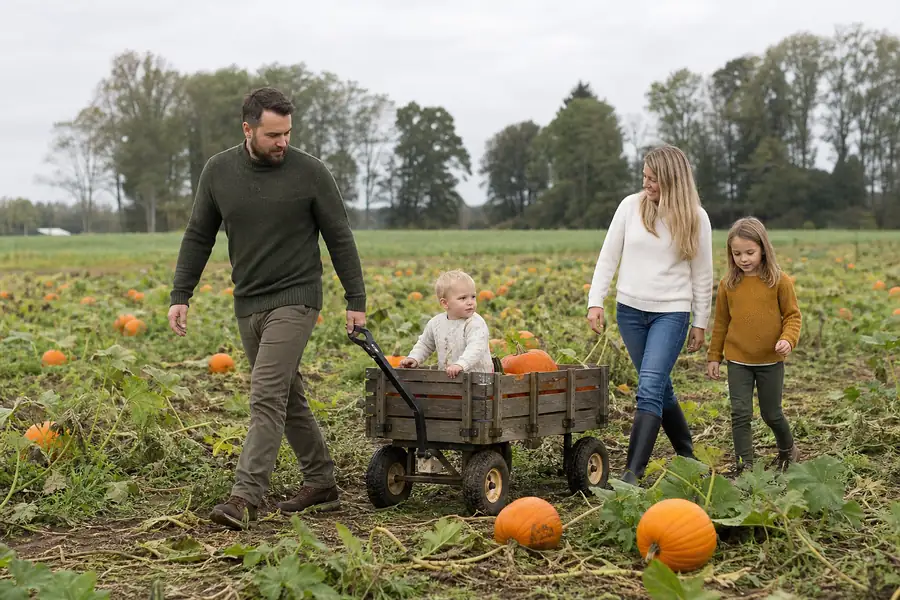 Family pulling a wooden wagon through a quiet pumpkin patch on a weekday morning
