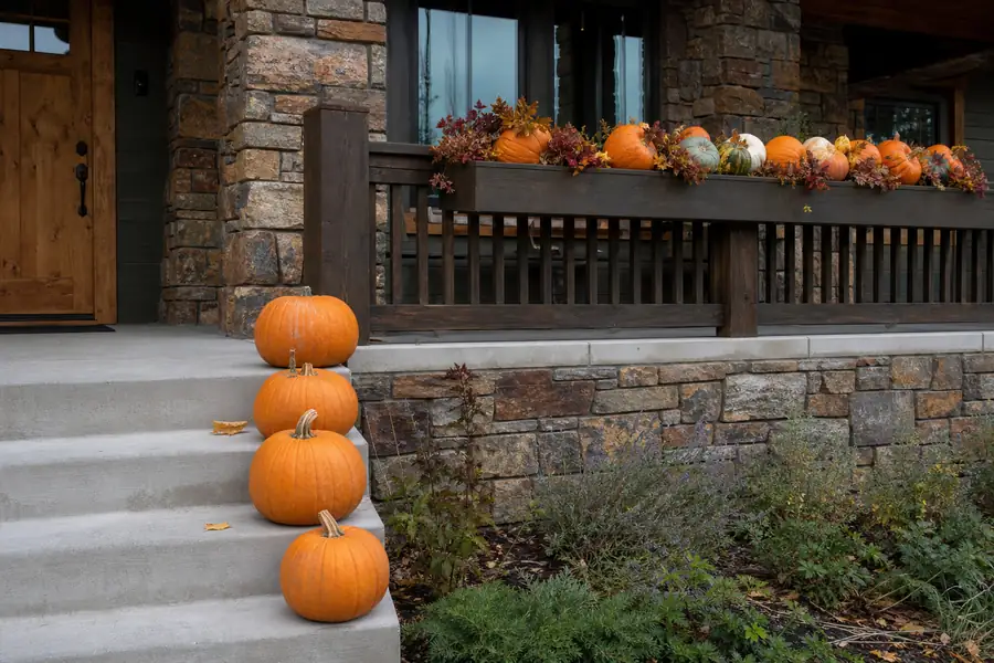 Front Range porch railing and planter styled with pumpkins matching the size ladder on the steps below