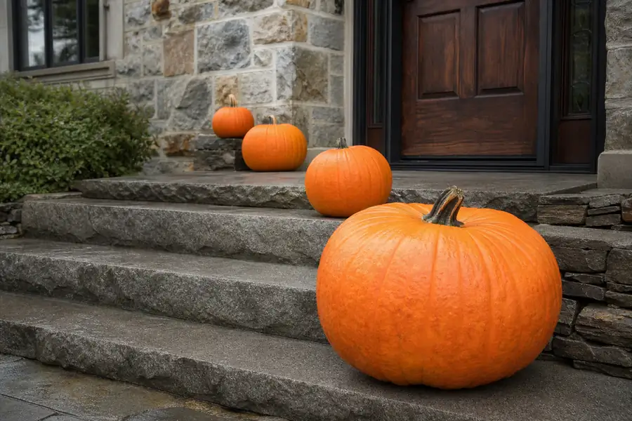 Large pumpkin anchoring one end of a step with smaller pumpkins stepping up toward the door