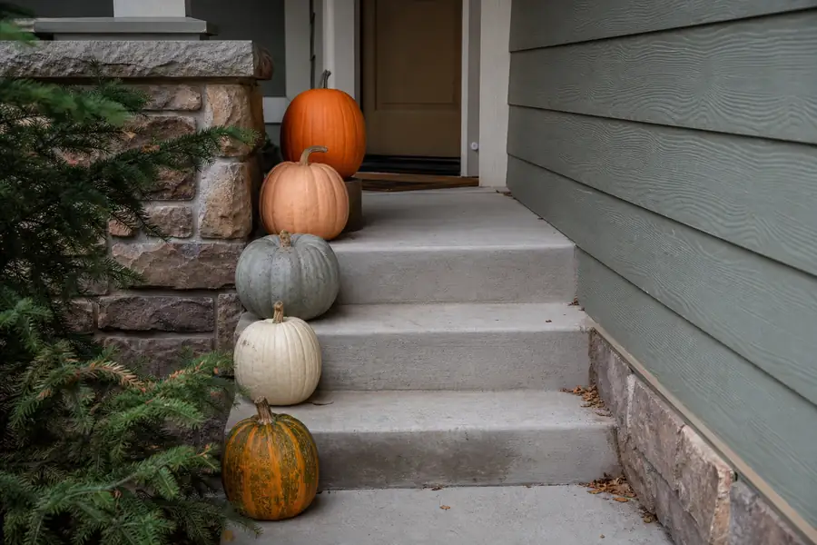 A narrow Colorado front porch with graduated pumpkins stacked up two steps toward the door