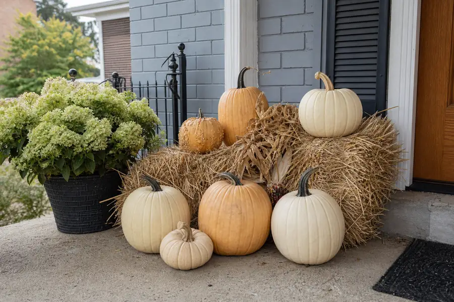 Cream and tan Fairytale pumpkins tucked into hay bales on a Louisville front porch in daylight