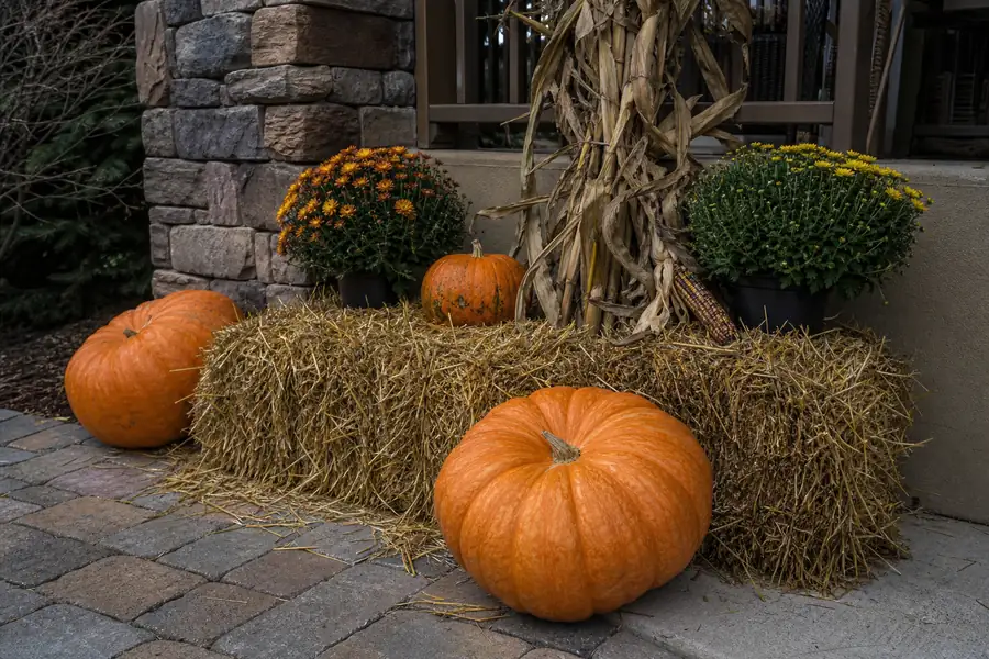 Hay bale and large pumpkins anchoring the corner of a foothills porch display