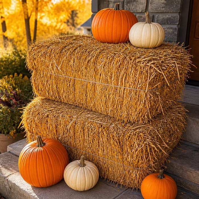 Two golden straw bales stacked on a Colorado porch step with orange and cream pumpkins resting on them.