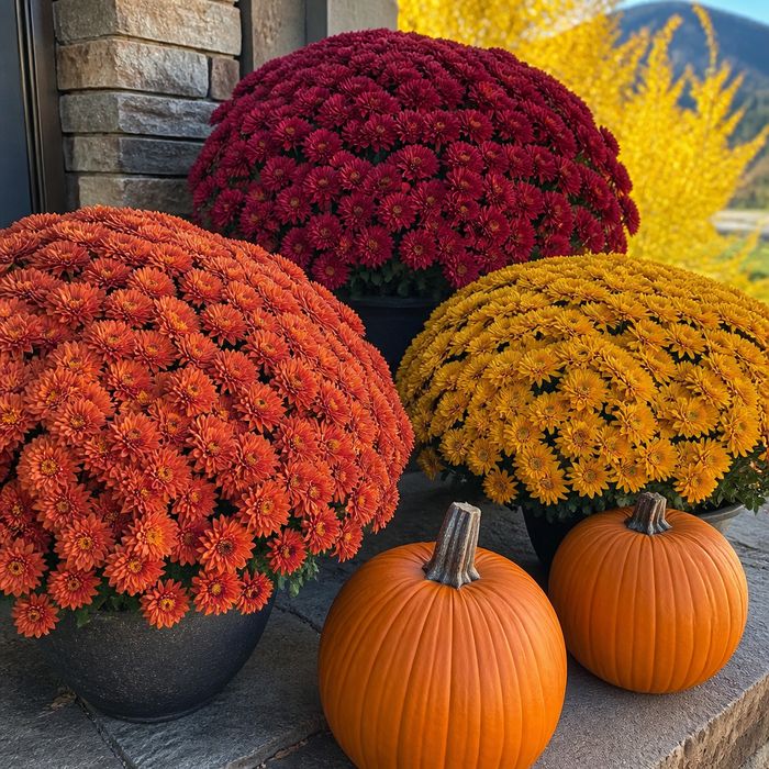 Potted chrysanthemums in rust, gold and burgundy on a Colorado porch step beside two pumpkins.