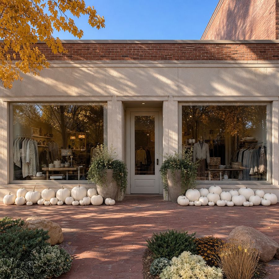 An all white pumpkin display along the base of a Colorado shopfront.
