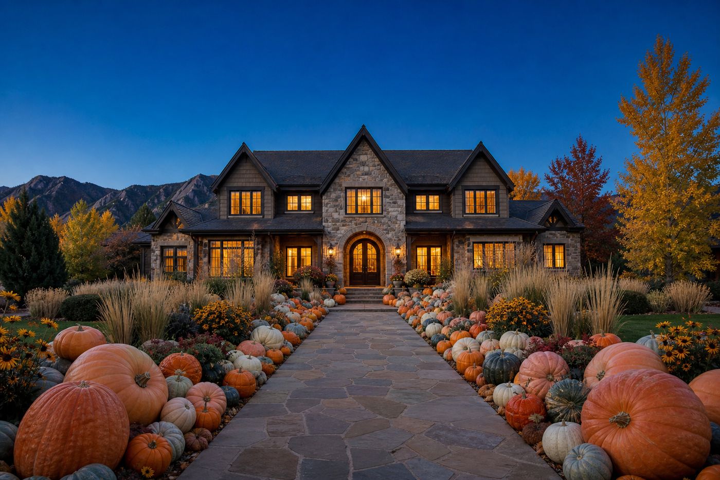 A Colorado home with a porch pumpkin display running the full length of the front walk, the Flatirons on the horizon.