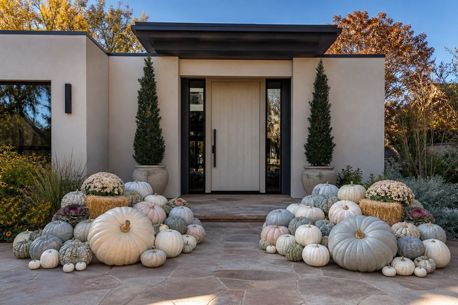 An all neutral porch pumpkin display in sage, bone and blush heirloom pumpkins with no orange.