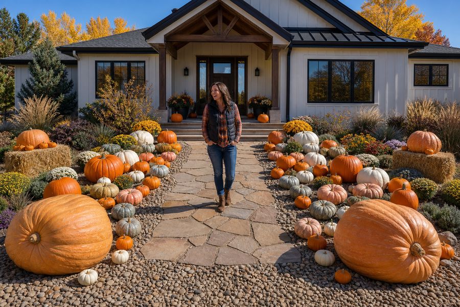 A large porch pumpkin display across the front of a Colorado home with two jumbo Grand Prize pumpkins anchoring the corners.
