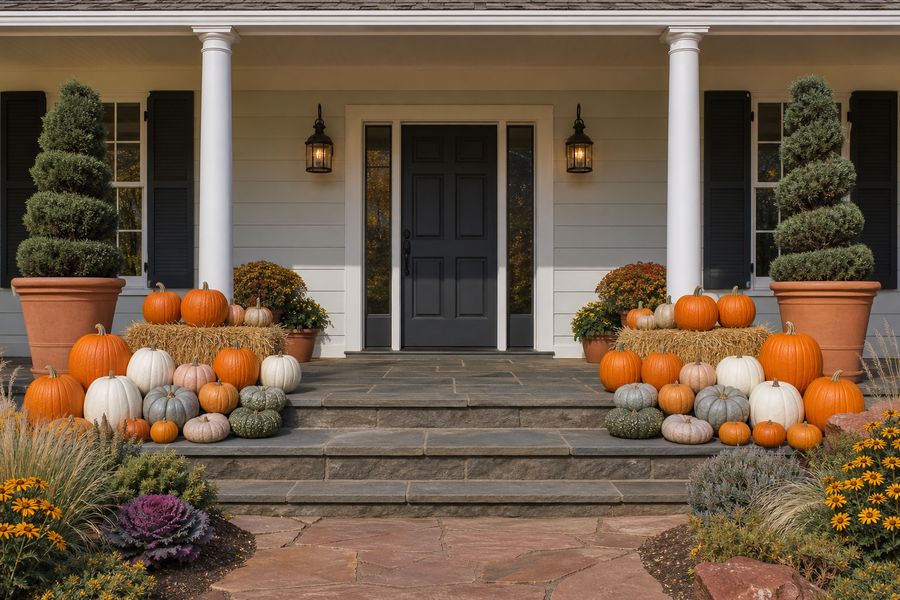 A symmetrical porch pumpkin display across a covered Colorado porch with around thirty five pumpkins and two hay bales.