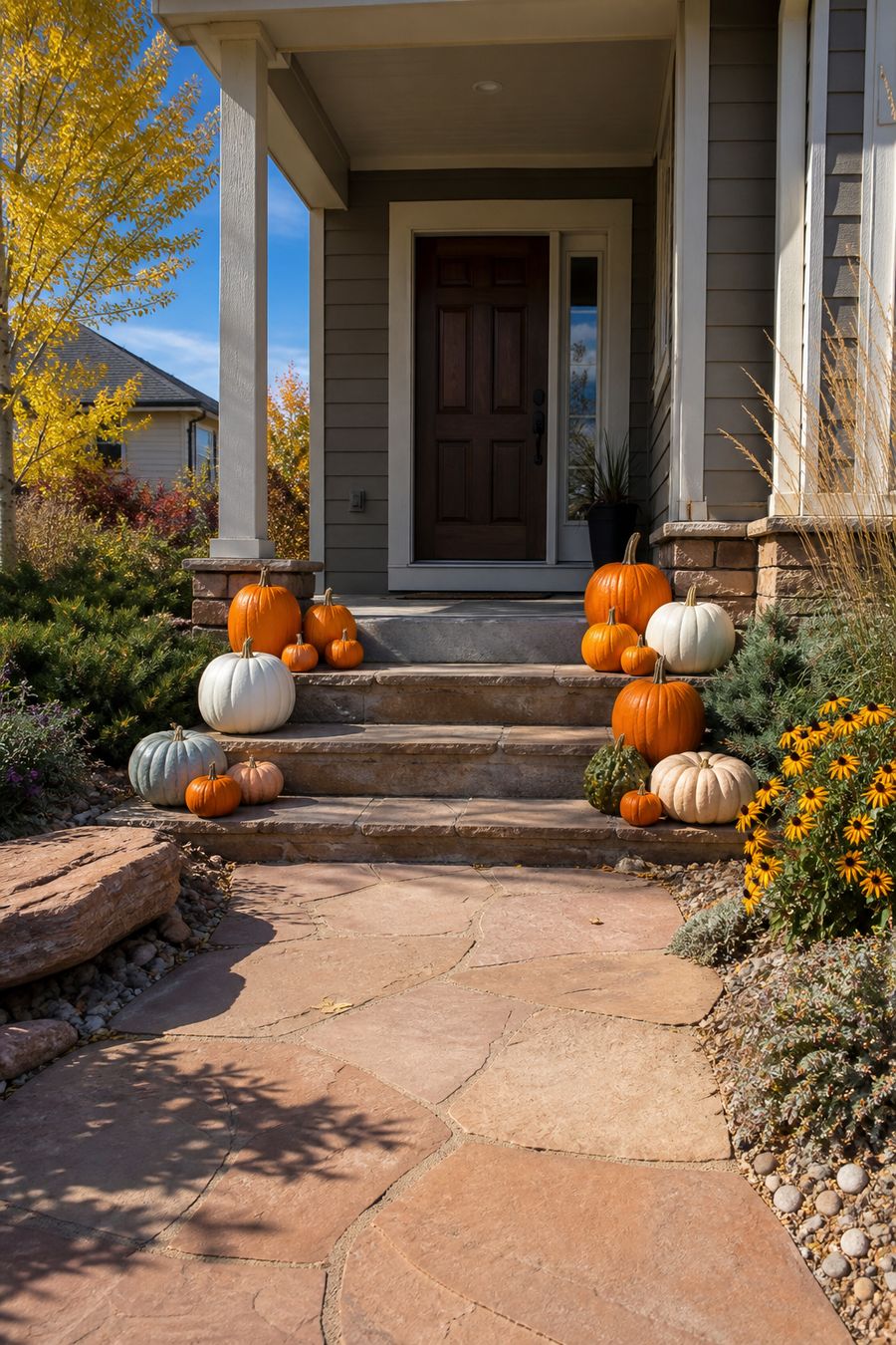 Porch pumpkins arranged on the front steps of a Colorado home, about twenty pumpkins in oranges, whites and heirloom greys.
